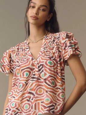 Anthropologie Coral, Turquoise & White Geometric Smocked Flutter-Sleeve Blouse